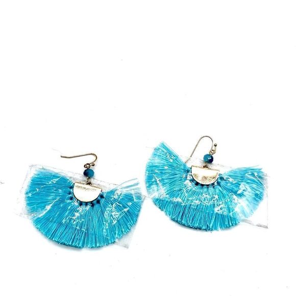 Blue Boho Tassel Fan Earrings NWOT - Picture 2 of 2